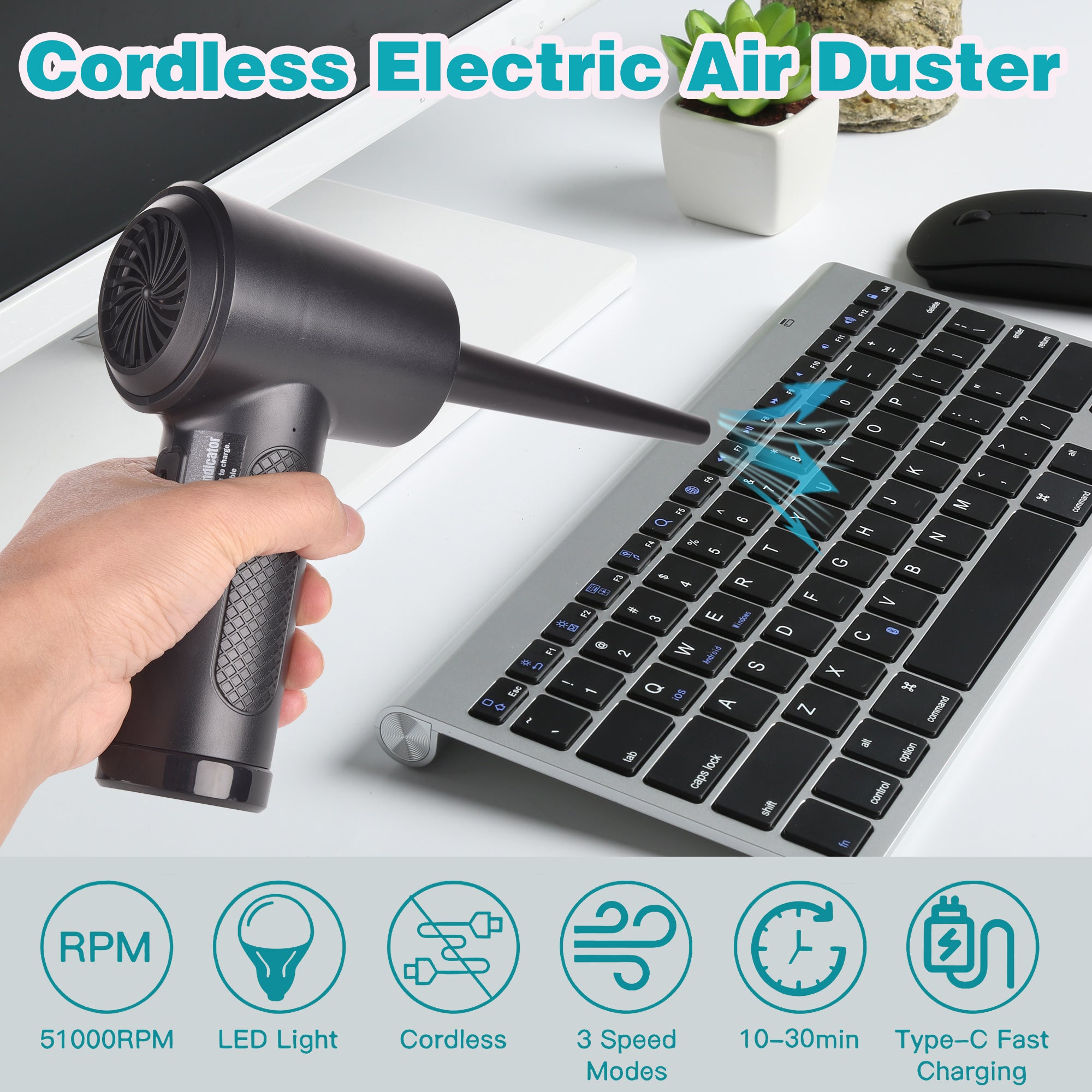 Premium Electric Air Duster Cordless Compressed Air Blower LED Light Keyboard Cleaner Reusable Cleaning Tool
