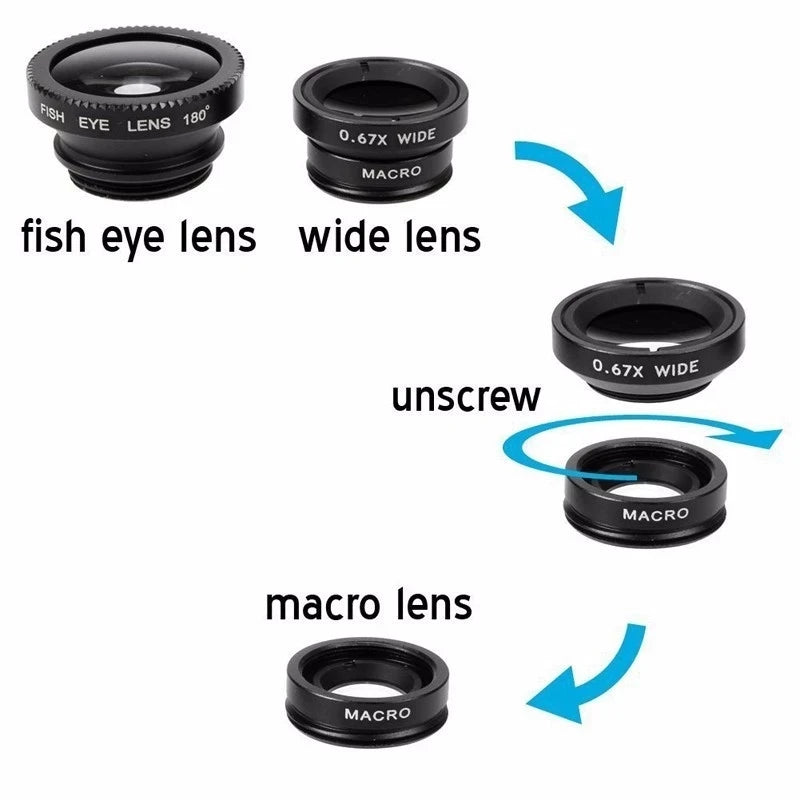 Premium Phone Camera Lens Kit 3-in-1 Fisheye Wide Angle Macro Clip-On Smartphone Lens Portable Photography Set