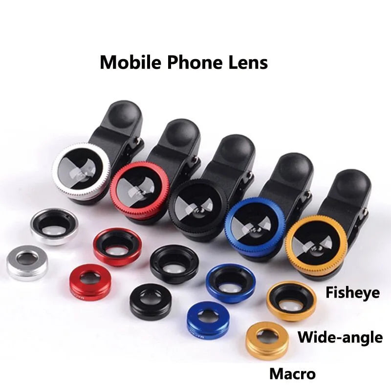 Premium Phone Camera Lens Kit 3-in-1 Fisheye Wide Angle Macro Clip-On Smartphone Lens Portable Photography Set