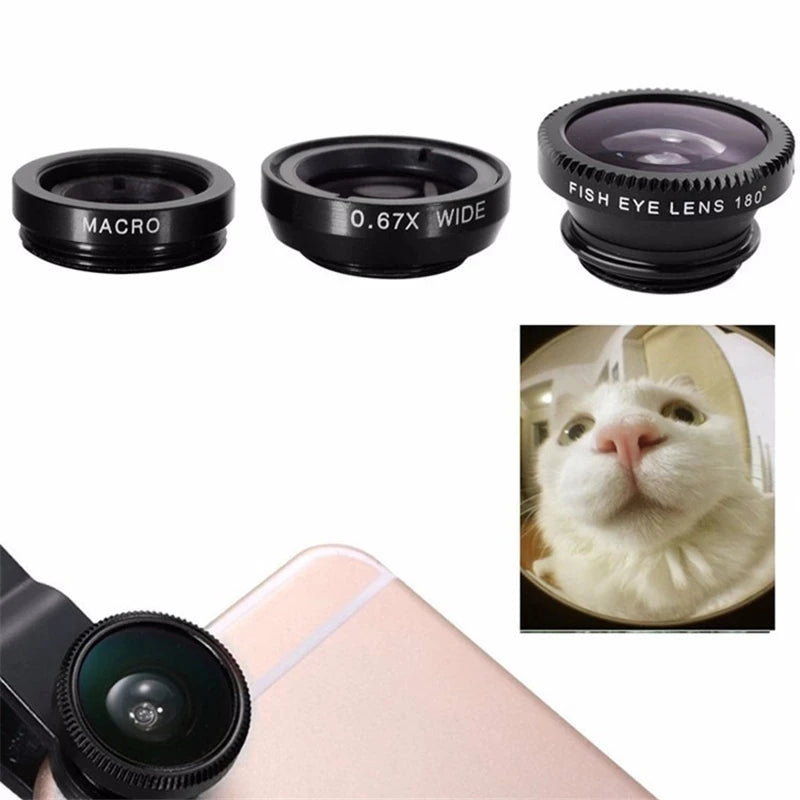 Premium Phone Camera Lens Kit 3-in-1 Fisheye Wide Angle Macro Clip-On Smartphone Lens Portable Photography Set