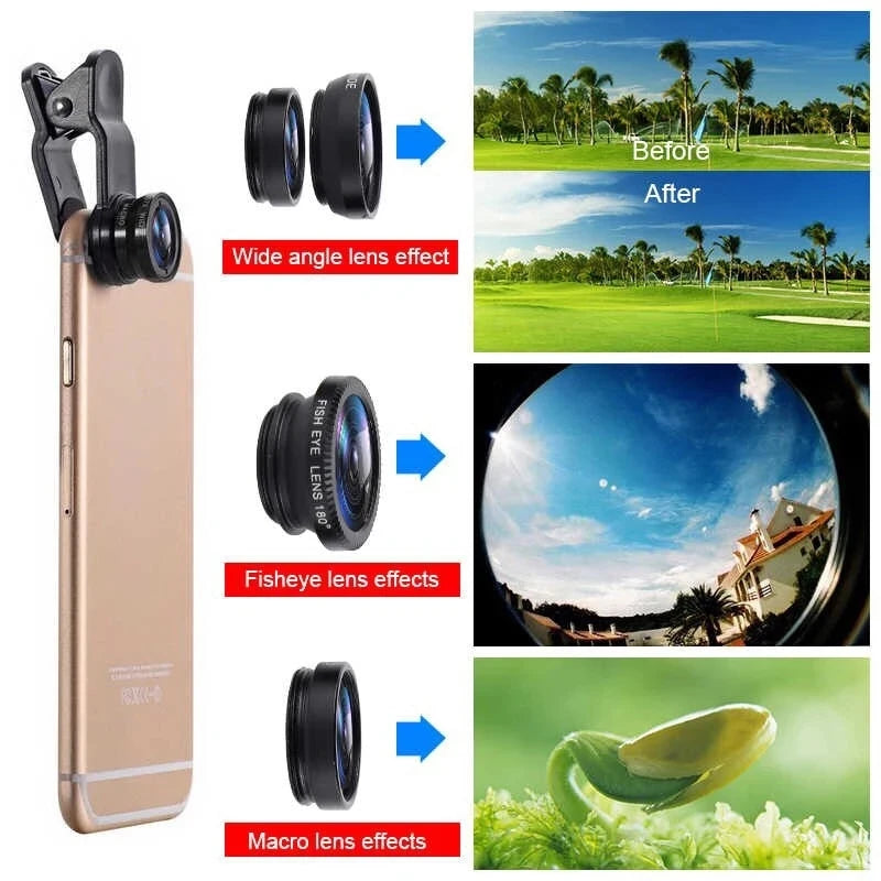 Premium Phone Camera Lens Kit 3-in-1 Fisheye Wide Angle Macro Clip-On Smartphone Lens Portable Photography Set