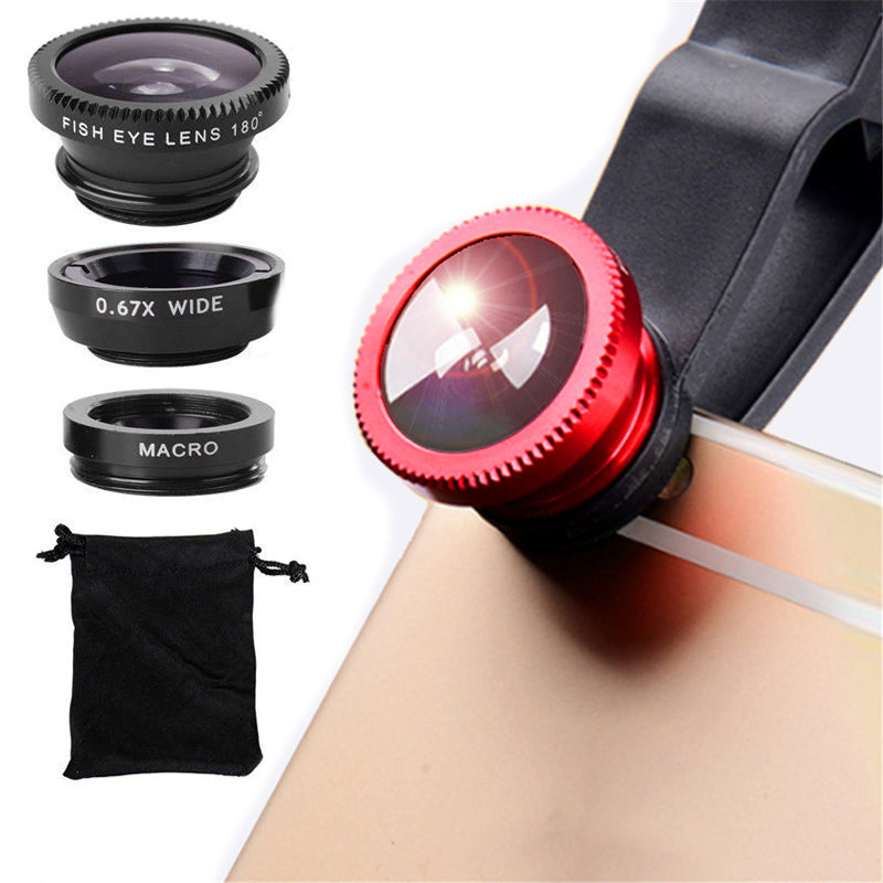 Premium Phone Camera Lens Kit 3-in-1 Fisheye Wide Angle Macro Clip-On Smartphone Lens Portable Photography Set