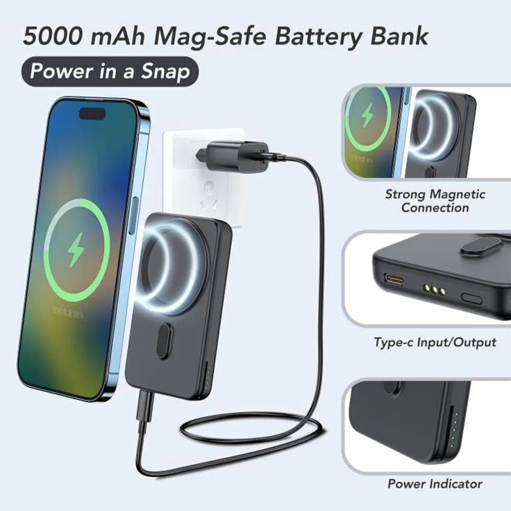 Premium Power Bank 5000mAh MagSafe Compatible 3-in-1 Wireless Charger Portable Magnetic Battery Smartphone Watch Earbuds Charging Station