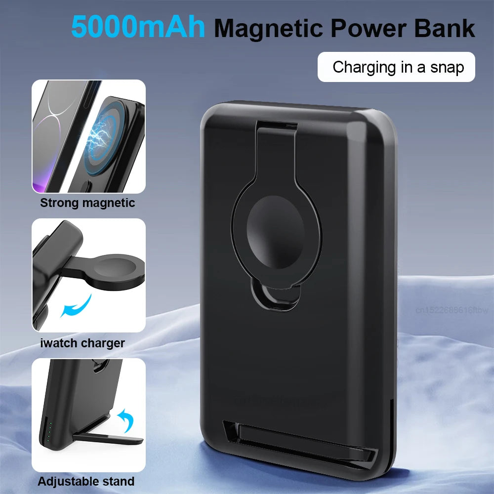 Premium Power Bank 5000mAh MagSafe Compatible 3-in-1 Wireless Charger Portable Magnetic Battery Smartphone Watch Earbuds Charging Station