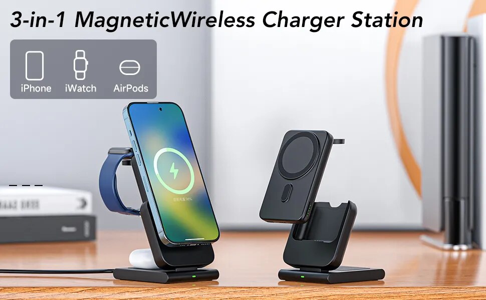 Premium Power Bank 5000mAh MagSafe Compatible 3-in-1 Wireless Charger Portable Magnetic Battery Smartphone Watch Earbuds Charging Station