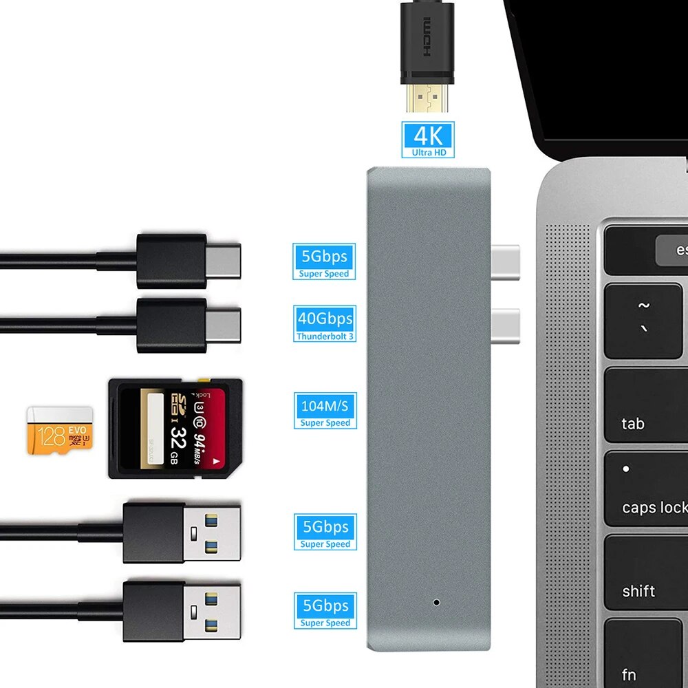 Premium USB-C Hub HDMI 4K Adapter Thunderbolt 3 USB 3.1 Multiport Dock PD Charging SD Reader Laptop Compatible