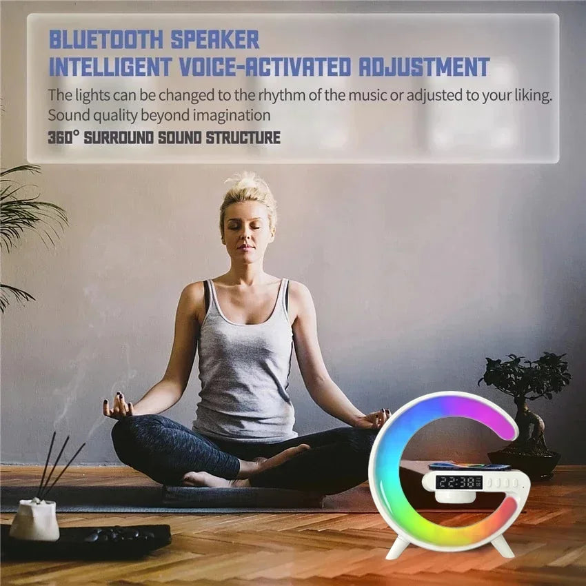 Premium Wireless Charging Station RGB LED Bluetooth Speaker Clock Fast Charging Dock USB-C Multi Device Charger