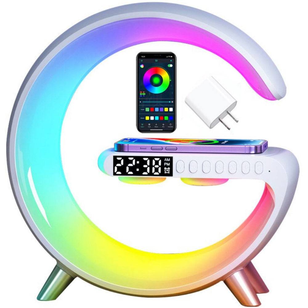 Premium Wireless Charging Station RGB LED Bluetooth Speaker Clock Fast Charging Dock USB-C Multi Device Charger