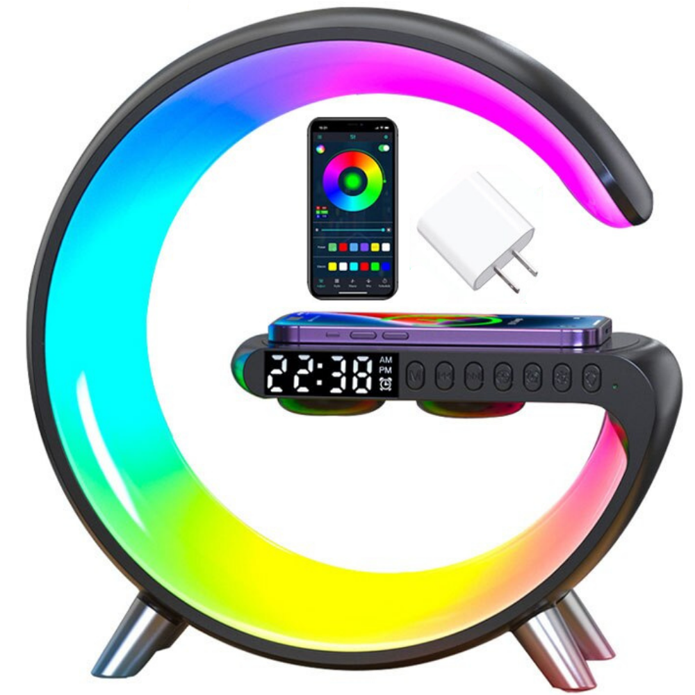 Premium Wireless Charging Station RGB LED Bluetooth Speaker Clock Fast Charging Dock USB-C Multi Device Charger