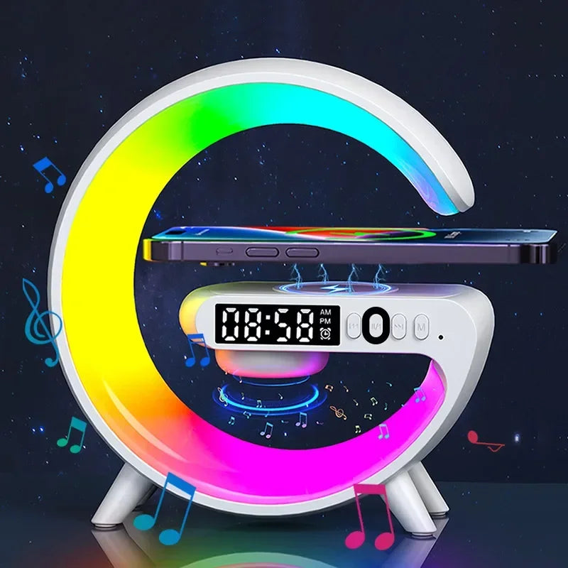 Premium Wireless Charging Station RGB LED Bluetooth Speaker Clock Fast Charging Dock USB-C Multi Device Charger
