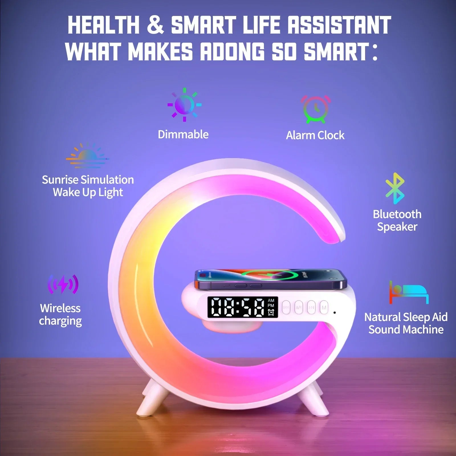 Premium Wireless Charging Station RGB LED Bluetooth Speaker Clock Fast Charging Dock USB-C Multi Device Charger