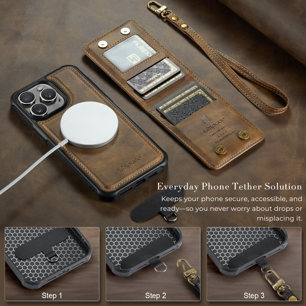 Premium iPhone Case 2-in-1 Magnetic Detachable Wallet Flip Cover PU Leather Card Holder Cash Pocket Wrist Strap Shockproof Full Protection Slim Design