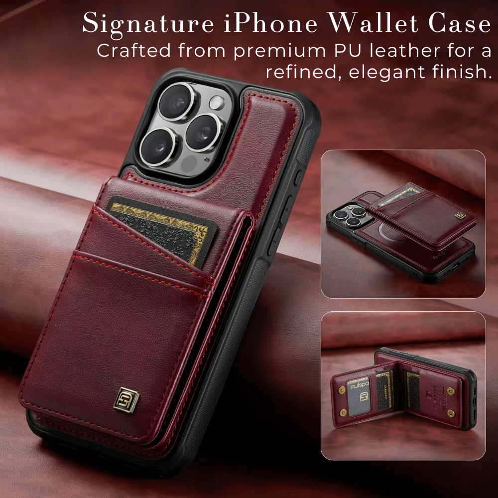 Premium iPhone Case 2-in-1 Magnetic Detachable Wallet Flip Cover PU Leather Card Holder Cash Pocket Wrist Strap Shockproof Full Protection Slim Design