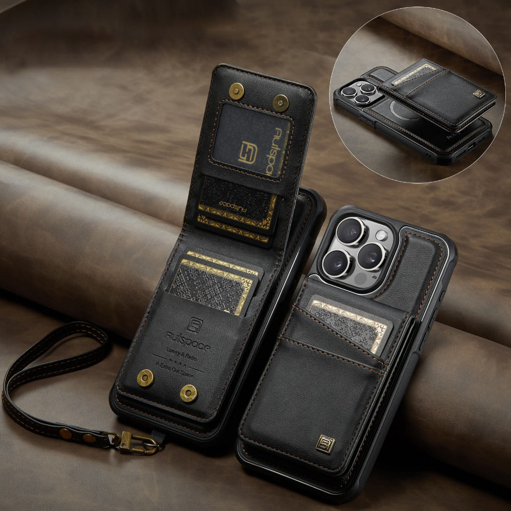 Premium iPhone Case 2-in-1 Magnetic Detachable Wallet Flip Cover PU Leather Card Holder Cash Pocket Wrist Strap Shockproof Full Protection Slim Design