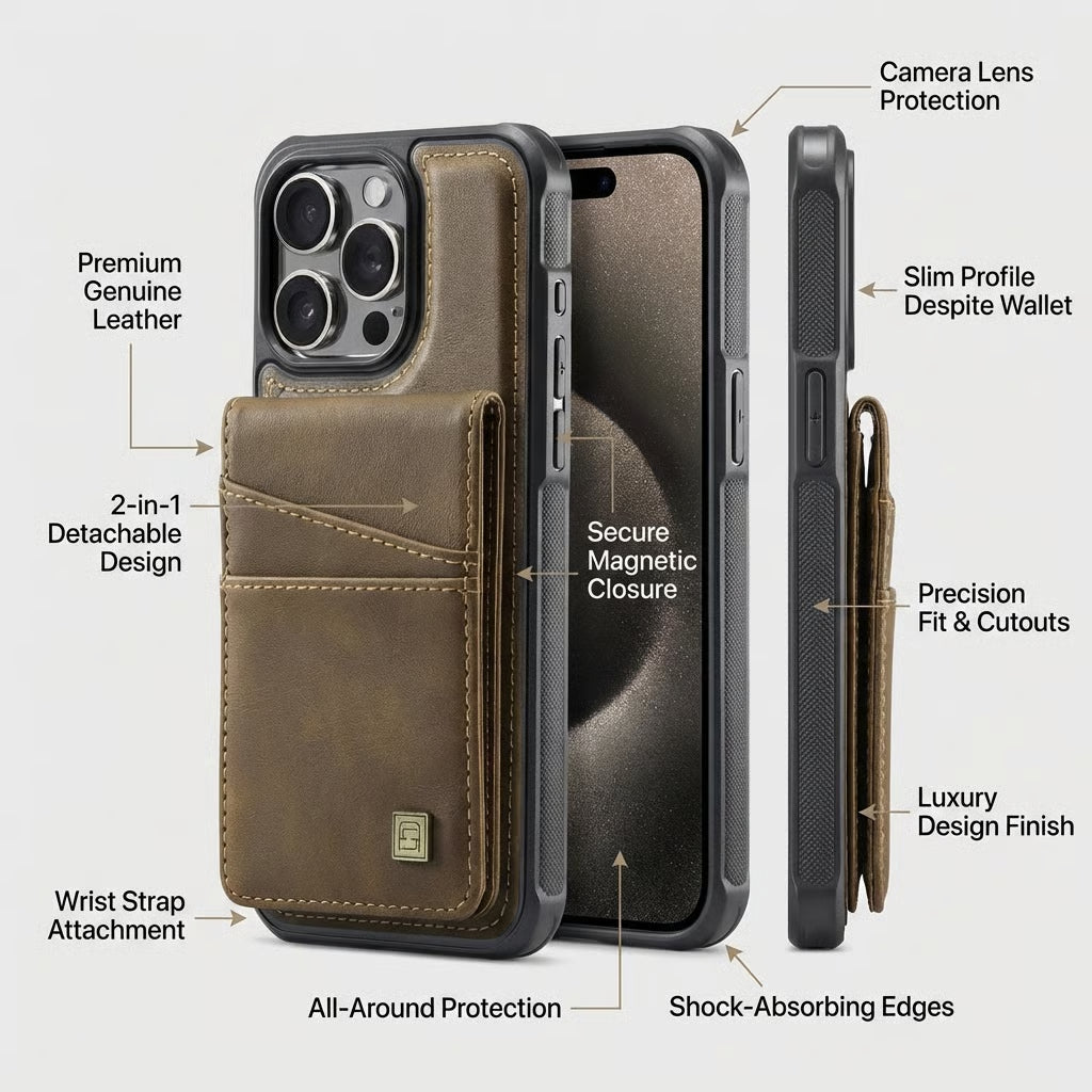 Premium iPhone Case 2-in-1 Magnetic Detachable Wallet Flip Cover PU Leather Card Holder Cash Pocket Wrist Strap Shockproof Full Protection Slim Design