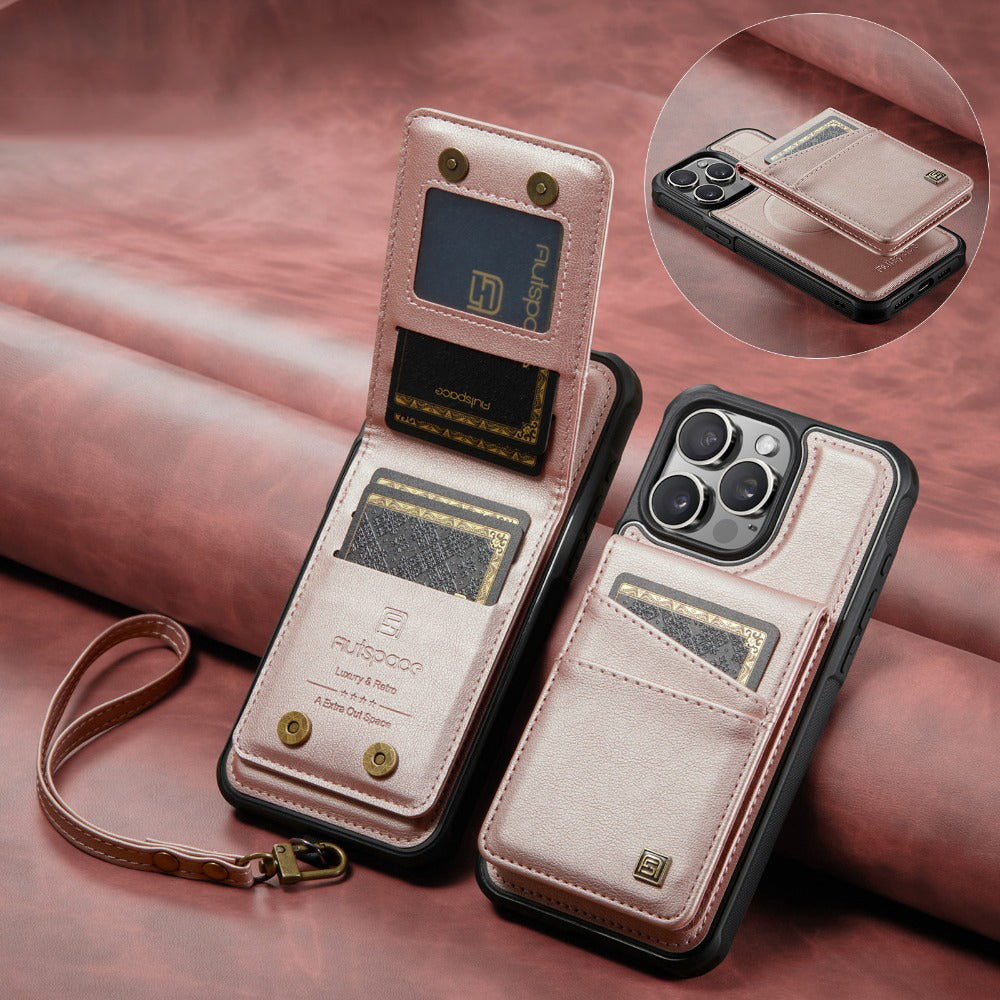 Premium iPhone Case 2-in-1 Magnetic Detachable Wallet Flip Cover PU Leather Card Holder Cash Pocket Wrist Strap Shockproof Full Protection Slim Design