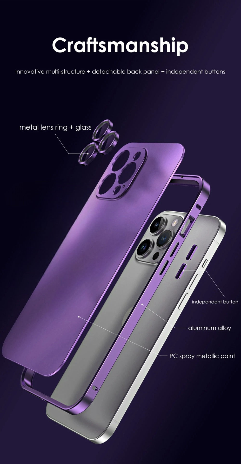 Premium iPhone Case Aluminum Metal Frame Protective Cover Shockproof PC Back Camera Lens Protection Slim Lightweight Design