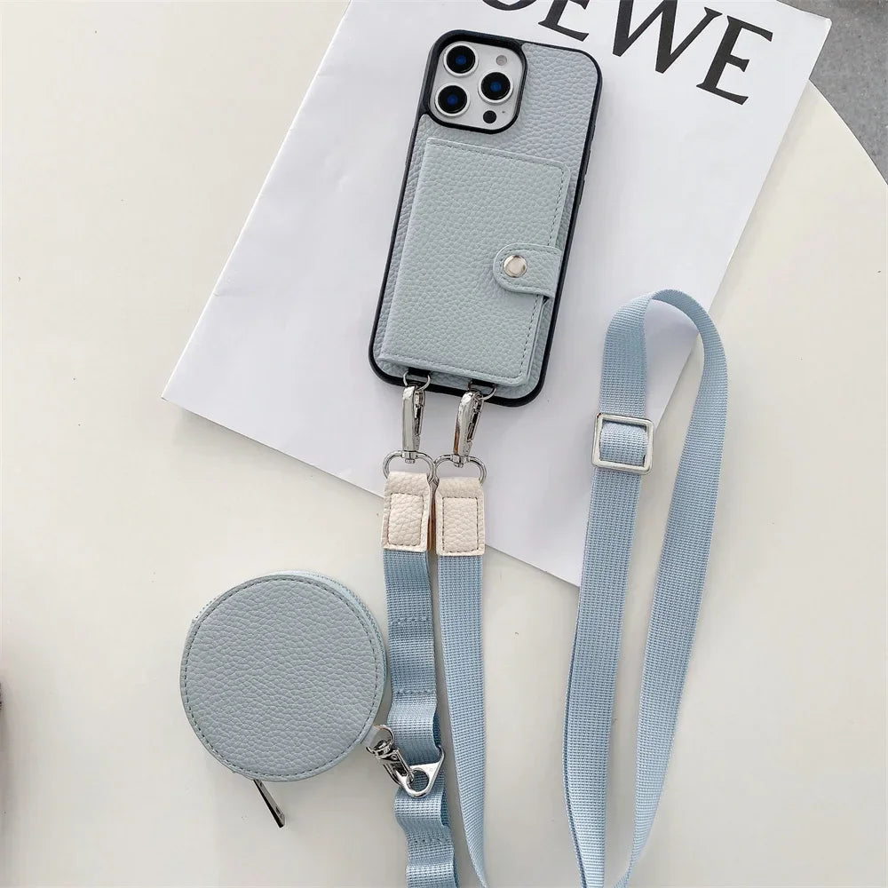 Premium iPhone Case Crossbody Wallet Cover PU Leather Card Holder Coin Pocket RFID Protection Magnetic Closure Shoulder Strap Shockproof Full Protection Slim Design