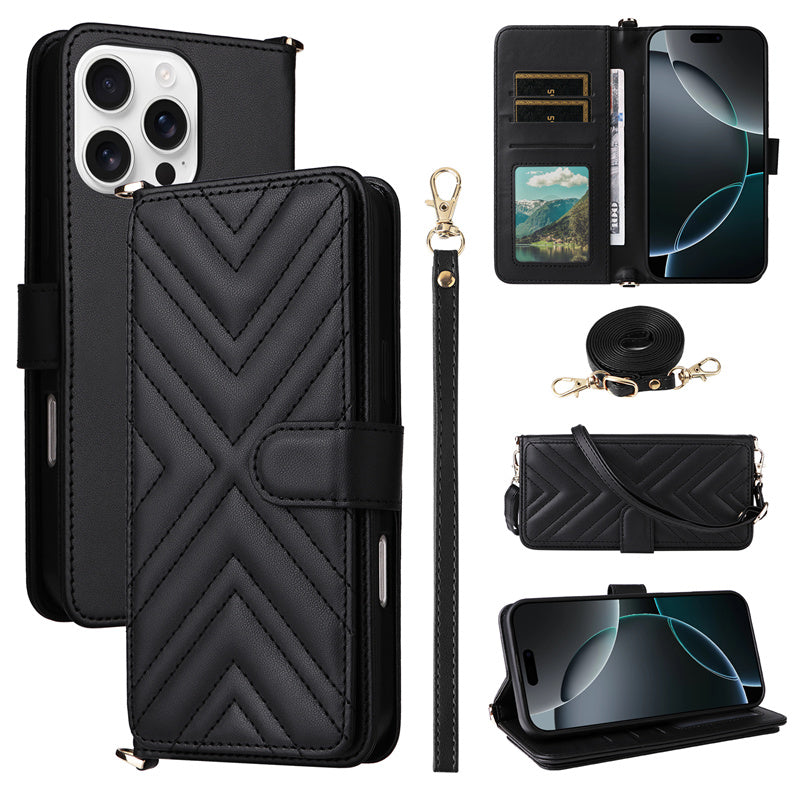 Premium iPhone Case Crossbody Wallet Cover PU Leather Card Holder Magnetic Closure Shoulder Strap Shockproof Full Protection Slim Design