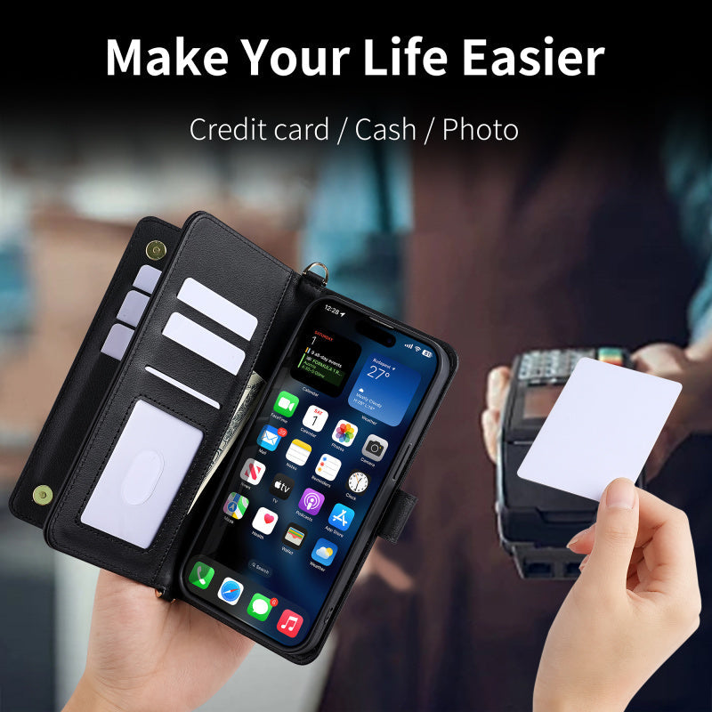 Premium iPhone Case Crossbody Wallet Cover PU Leather Card Holder Magnetic Closure Shoulder Strap Shockproof Full Protection Slim Design