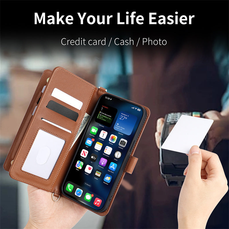 Premium iPhone Case Crossbody Wallet Cover PU Leather Card Holder Magnetic Closure Shoulder Strap Shockproof Full Protection Slim Design