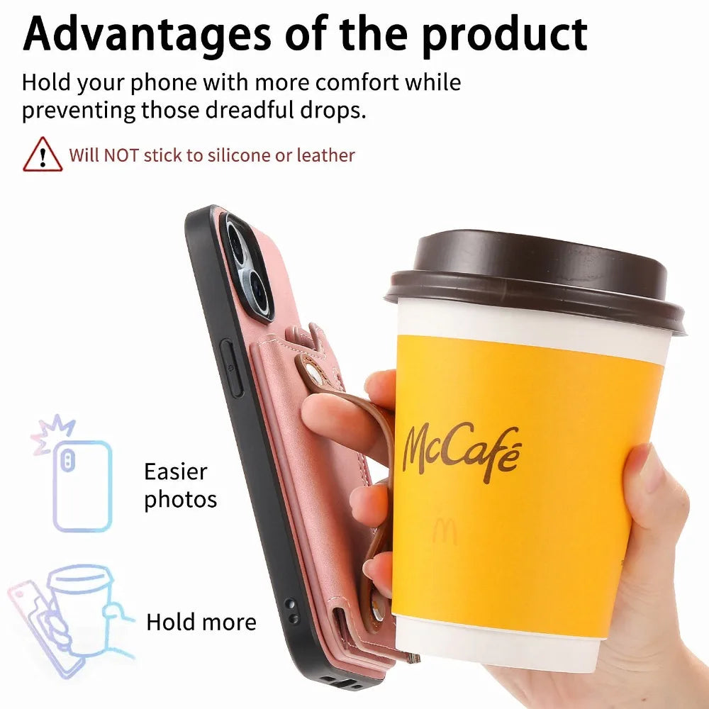 Premium iPhone Case Detachable Zipper Wallet Flip Cover PU Leather Card Holder Magnetic Closure Wrist Strap Shockproof Full Protection