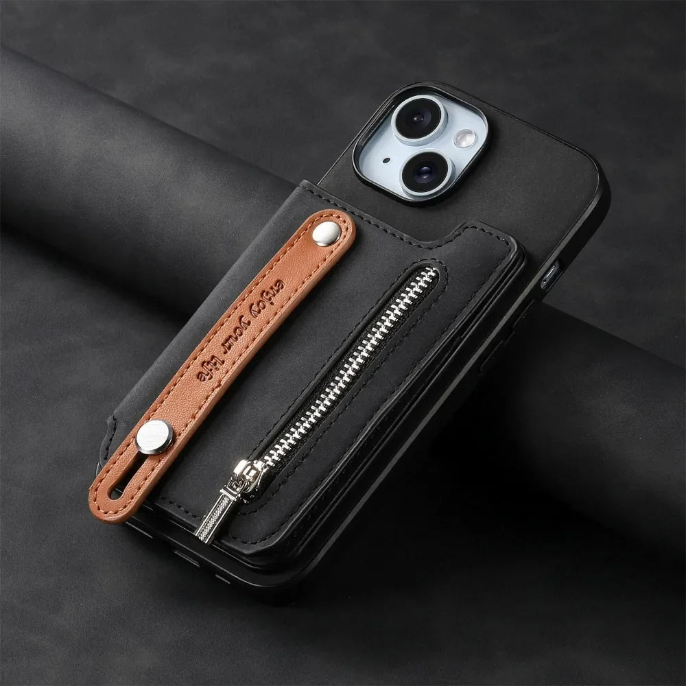 Premium iPhone Case Detachable Zipper Wallet Flip Cover PU Leather Card Holder Magnetic Closure Wrist Strap Shockproof Full Protection