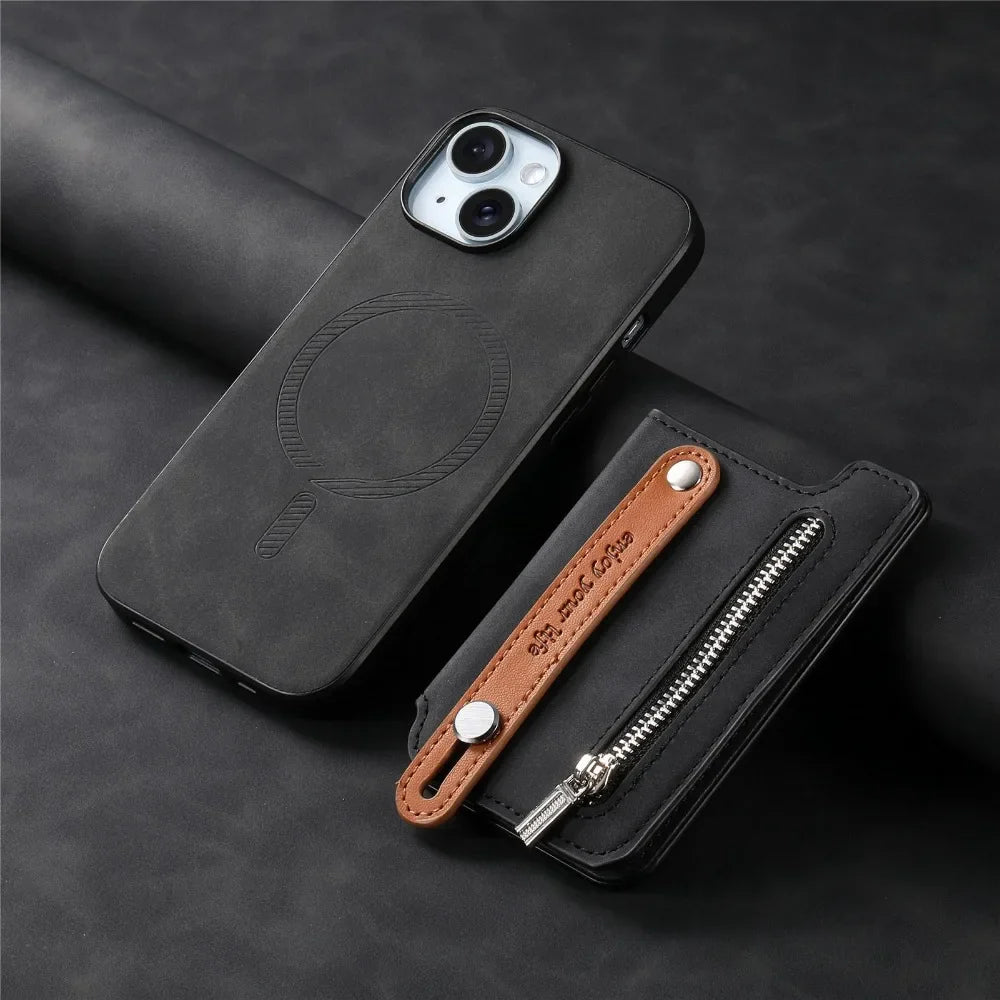 Premium iPhone Case Detachable Zipper Wallet Flip Cover PU Leather Card Holder Magnetic Closure Wrist Strap Shockproof Full Protection
