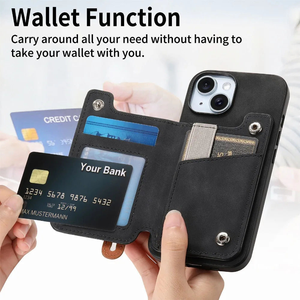 Premium iPhone Case Detachable Zipper Wallet Flip Cover PU Leather Card Holder Magnetic Closure Wrist Strap Shockproof Full Protection