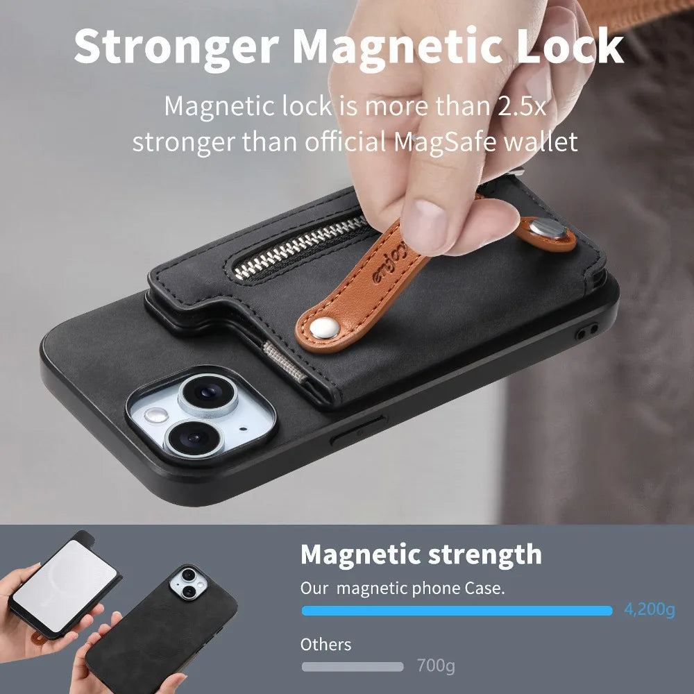 Premium iPhone Case Detachable Zipper Wallet Flip Cover PU Leather Card Holder Magnetic Closure Wrist Strap Shockproof Full Protection