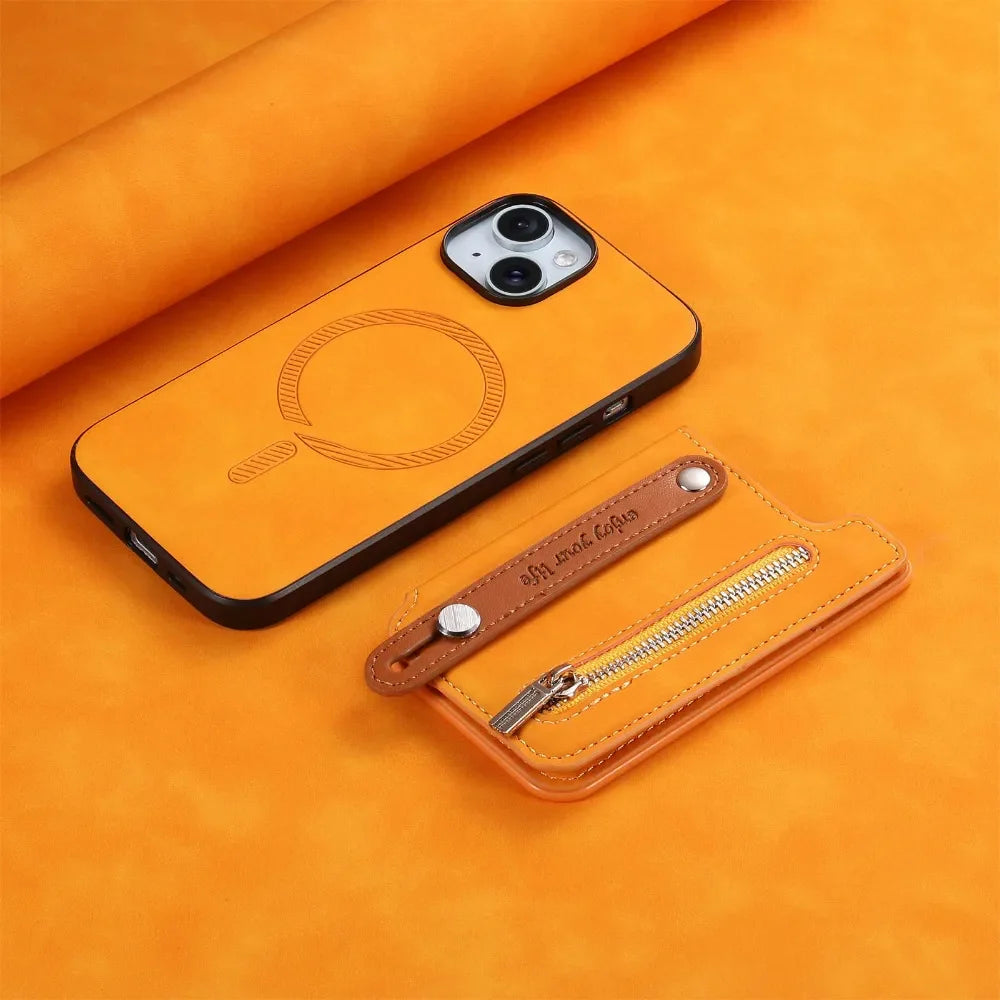 Premium iPhone Case Detachable Zipper Wallet Flip Cover PU Leather Card Holder Magnetic Closure Wrist Strap Shockproof Full Protection