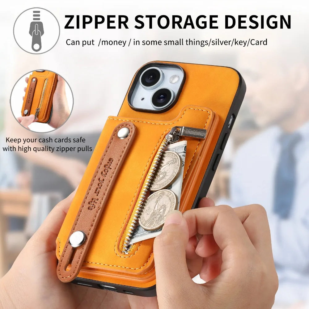 Premium iPhone Case Detachable Zipper Wallet Flip Cover PU Leather Card Holder Magnetic Closure Wrist Strap Shockproof Full Protection