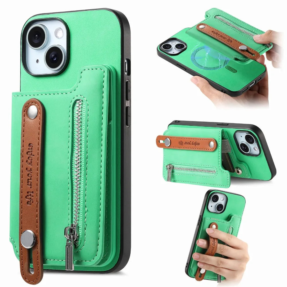 Premium iPhone Case Detachable Zipper Wallet Flip Cover PU Leather Card Holder Magnetic Closure Wrist Strap Shockproof Full Protection