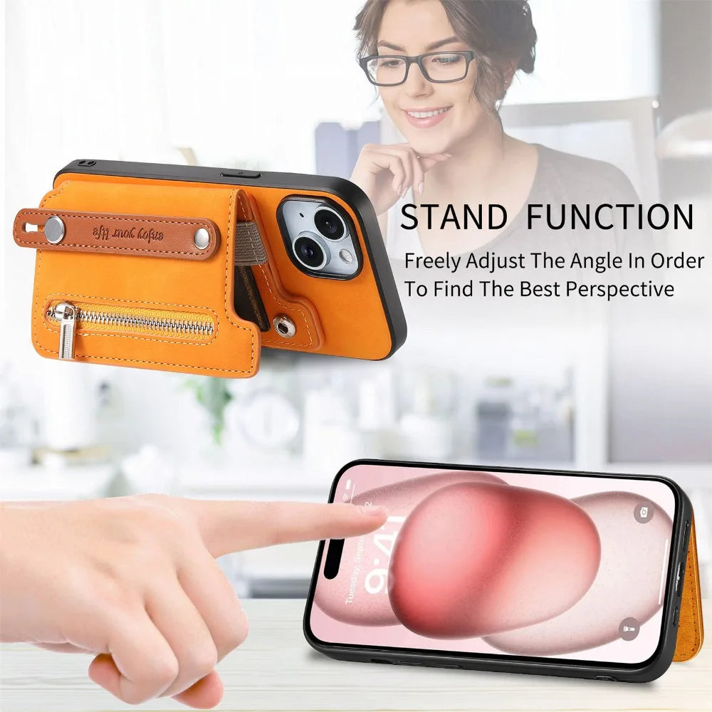 Premium iPhone Case Detachable Zipper Wallet Flip Cover PU Leather Card Holder Magnetic Closure Wrist Strap Shockproof Full Protection