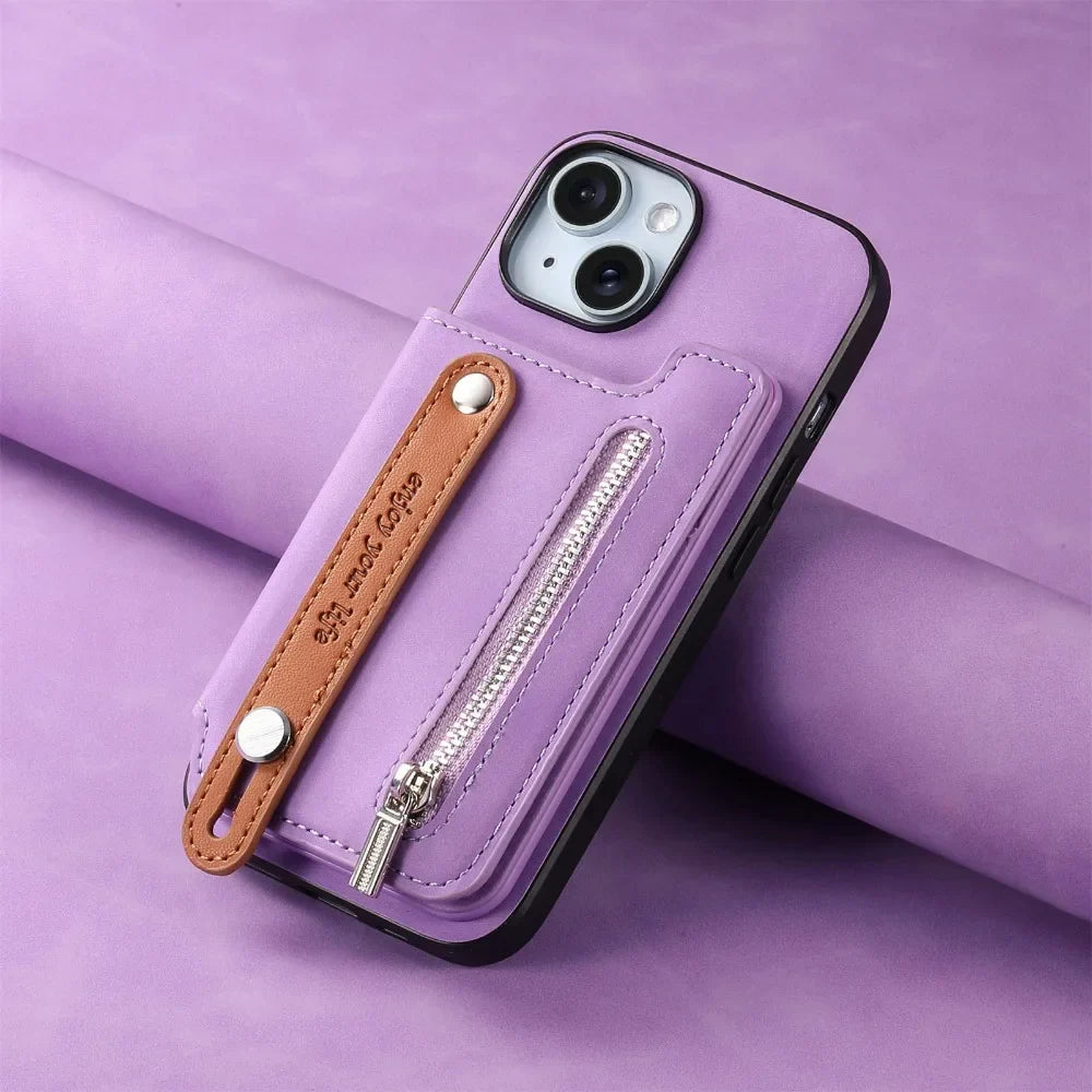 Premium iPhone Case Detachable Zipper Wallet Flip Cover PU Leather Card Holder Magnetic Closure Wrist Strap Shockproof Full Protection