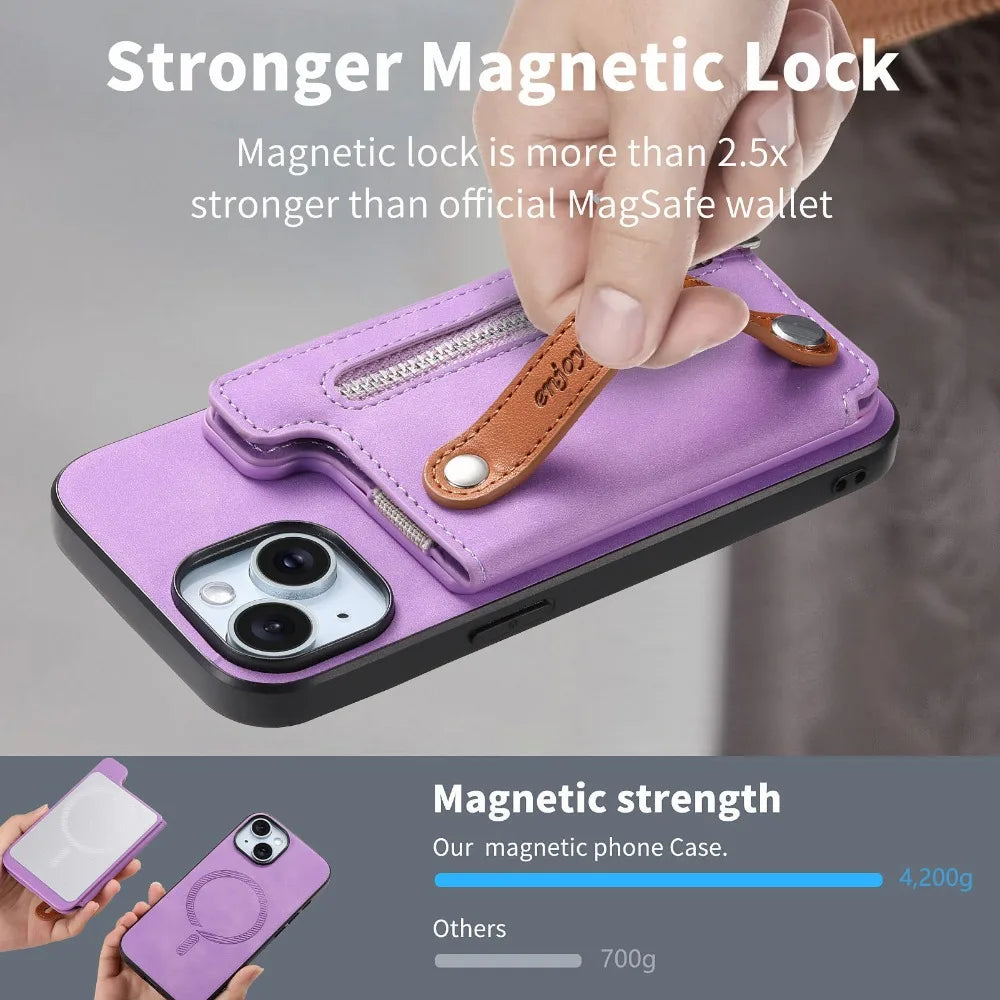 Premium iPhone Case Detachable Zipper Wallet Flip Cover PU Leather Card Holder Magnetic Closure Wrist Strap Shockproof Full Protection