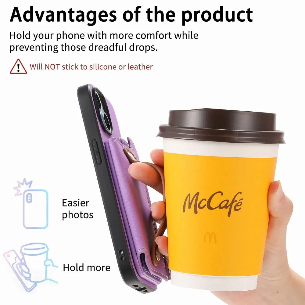 Premium iPhone Case Detachable Zipper Wallet Flip Cover PU Leather Card Holder Magnetic Closure Wrist Strap Shockproof Full Protection