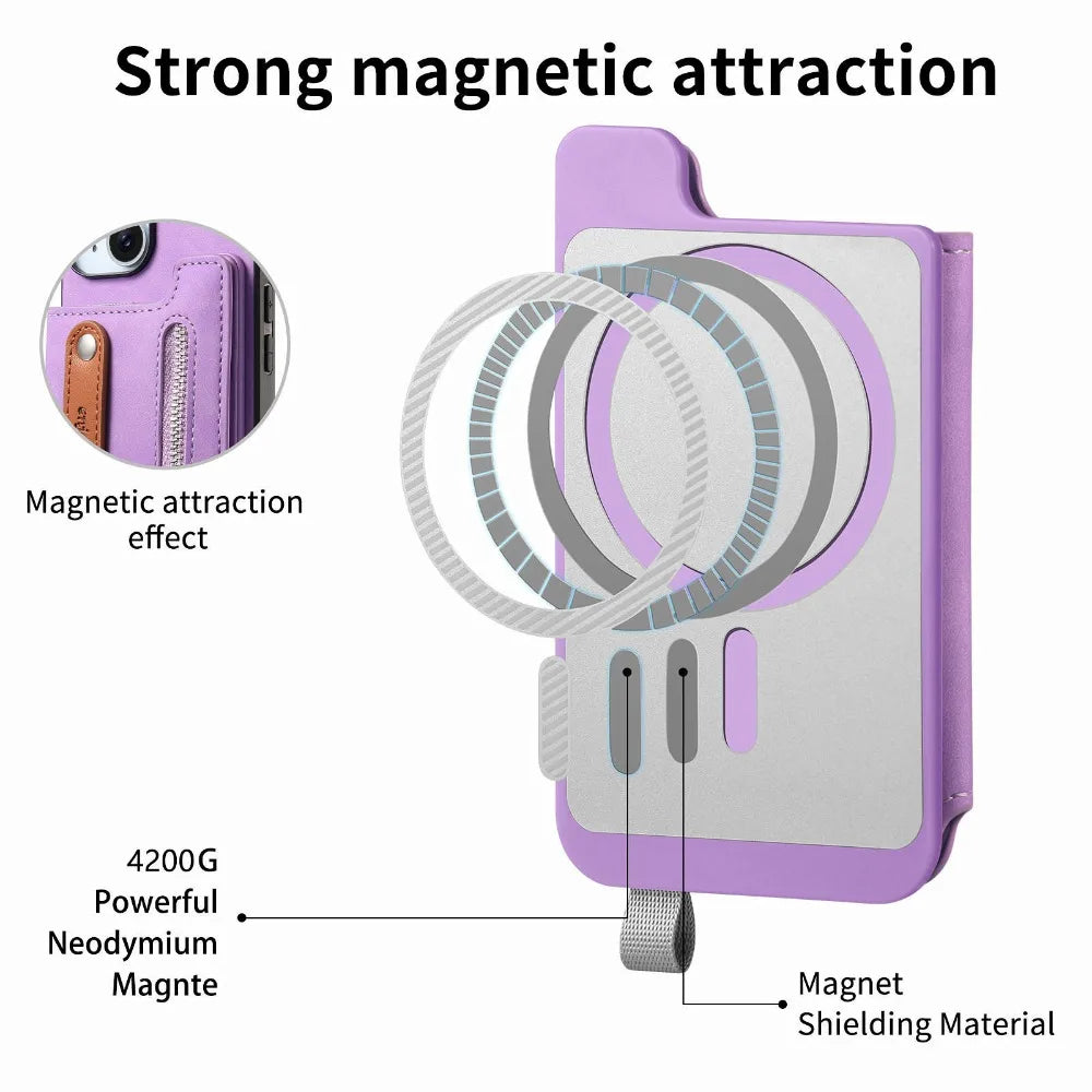 Premium iPhone Case Detachable Zipper Wallet Flip Cover PU Leather Card Holder Magnetic Closure Wrist Strap Shockproof Full Protection