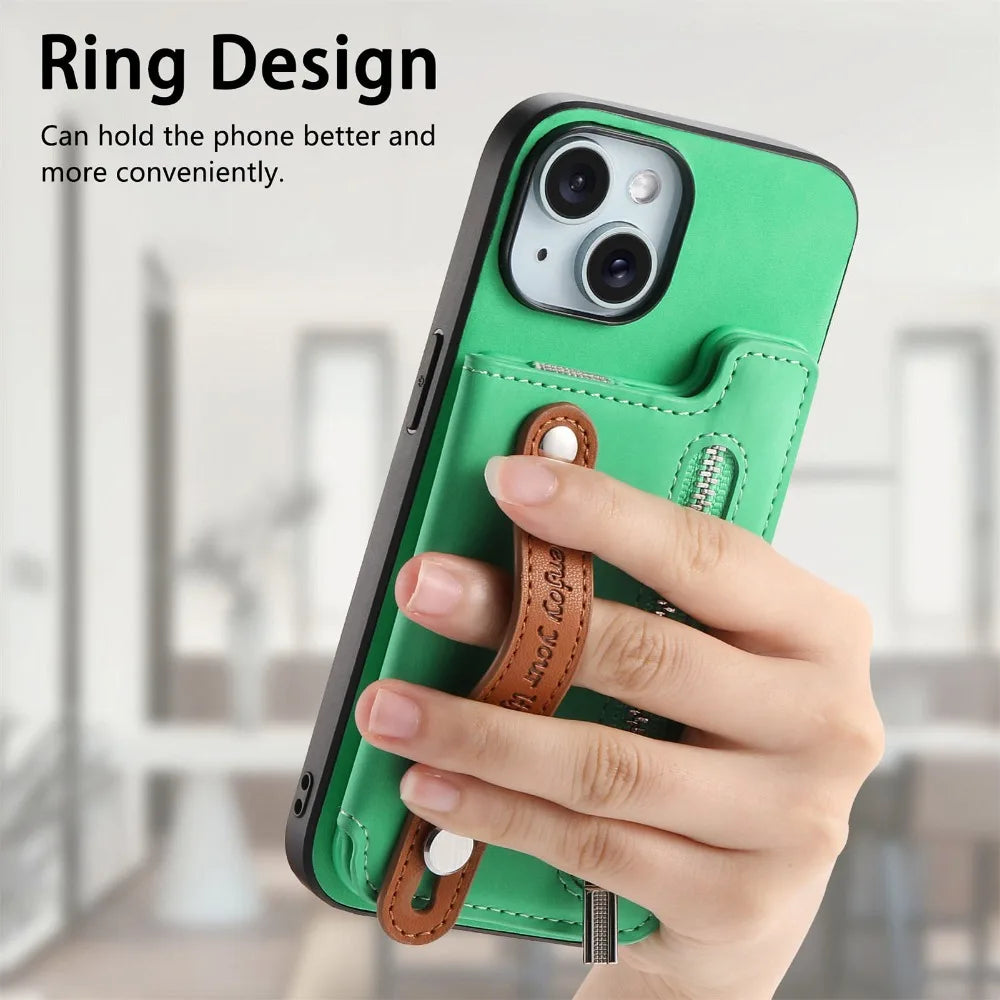Premium iPhone Case Detachable Zipper Wallet Flip Cover PU Leather Card Holder Magnetic Closure Wrist Strap Shockproof Full Protection