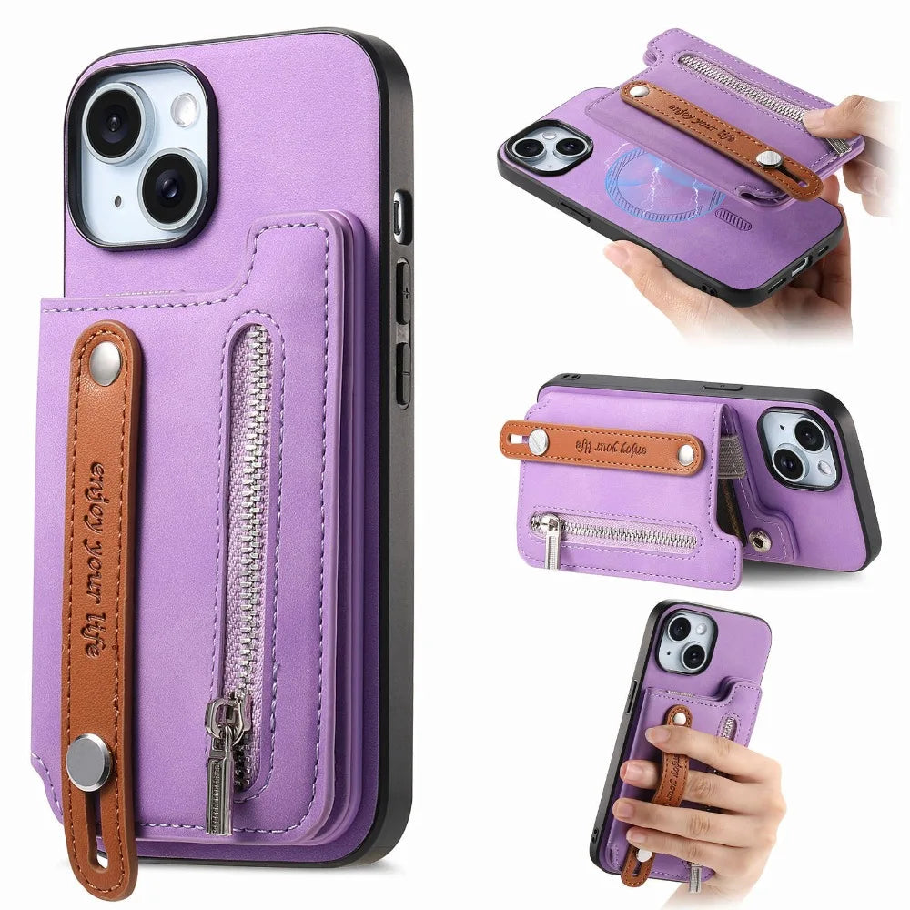 Premium iPhone Case Detachable Zipper Wallet Flip Cover PU Leather Card Holder Magnetic Closure Wrist Strap Shockproof Full Protection