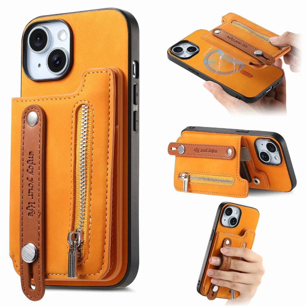Premium iPhone Case Detachable Zipper Wallet Flip Cover PU Leather Card Holder Magnetic Closure Wrist Strap Shockproof Full Protection