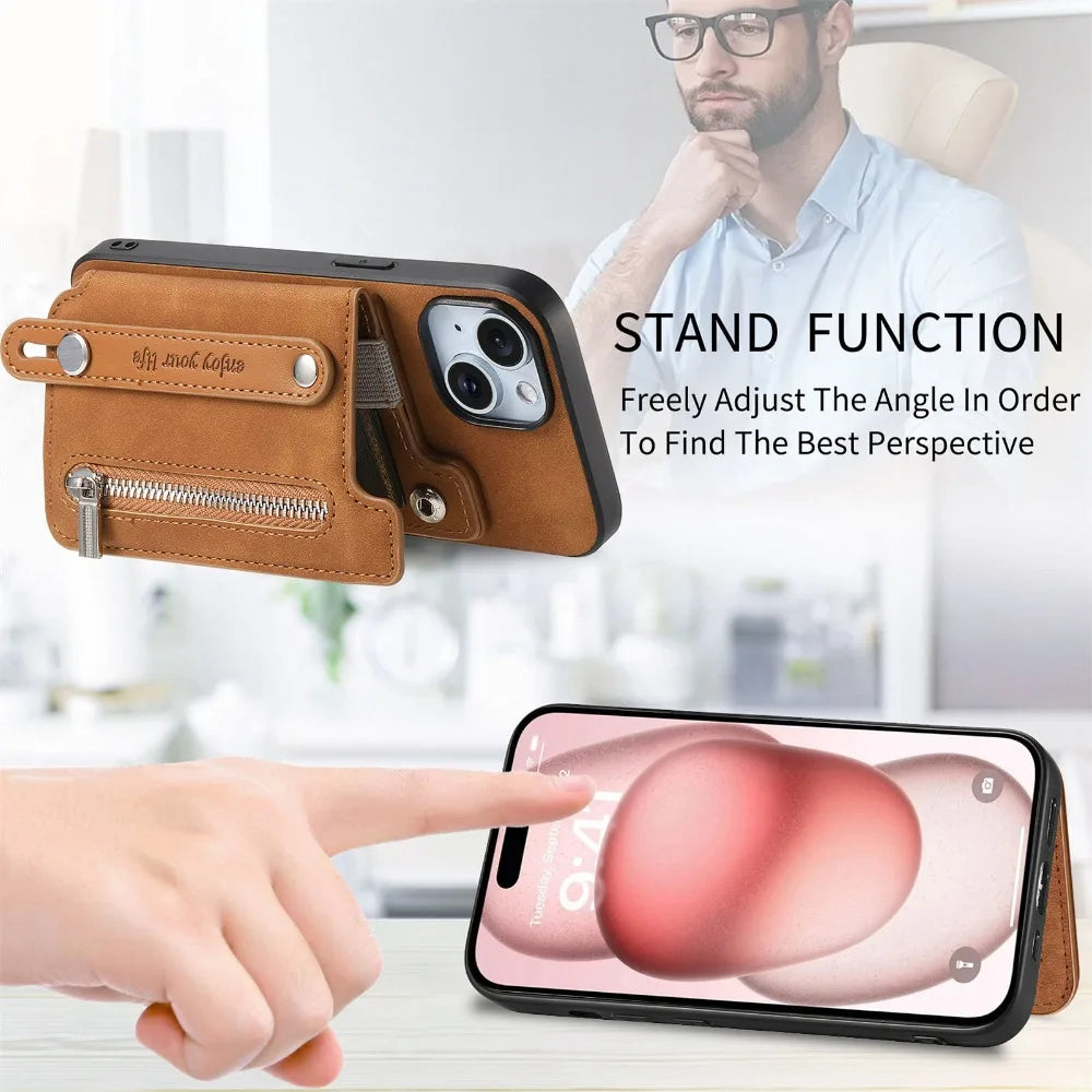 Premium iPhone Case Detachable Zipper Wallet Flip Cover PU Leather Card Holder Magnetic Closure Wrist Strap Shockproof Full Protection