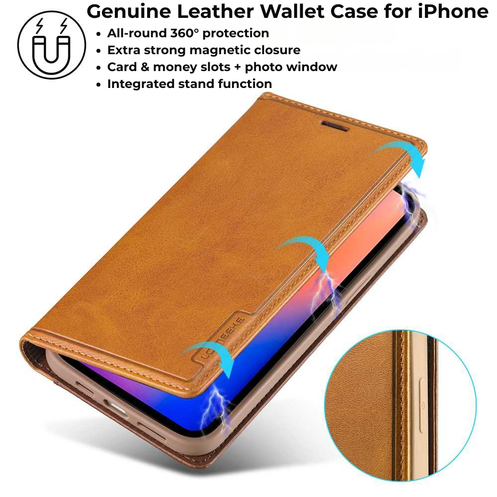 Premium iPhone Case Flip Wallet MagSafe Compatible Genuine Leather Magnetic Closure Card Holder Shockproof Protective Cover Camera Lens Protection Slim Design