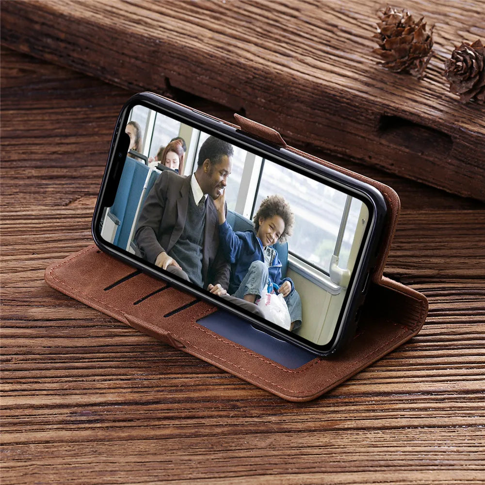 Premium iPhone Case Flip Wallet MagSafe Compatible Genuine Leather Magnetic Closure Card Holder Shockproof Protective Cover Camera Lens Protection Slim Design