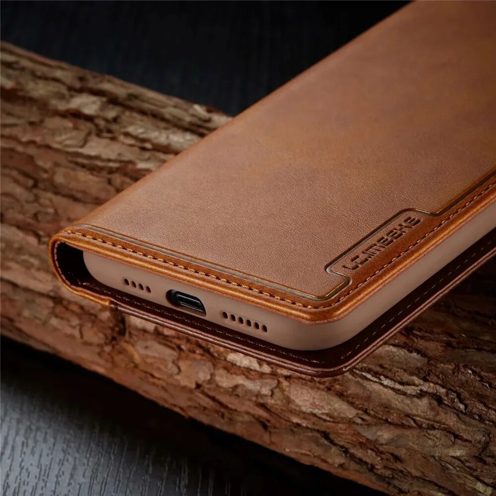 Premium iPhone Case Flip Wallet MagSafe Compatible Genuine Leather Magnetic Closure Card Holder Shockproof Protective Cover Camera Lens Protection Slim Design