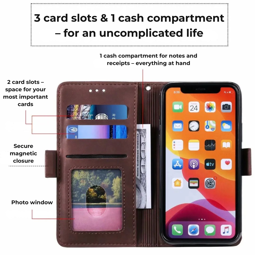 Premium iPhone Case Flip Wallet MagSafe Compatible Genuine Leather Magnetic Closure Card Holder Shockproof Protective Cover Camera Lens Protection Slim Design