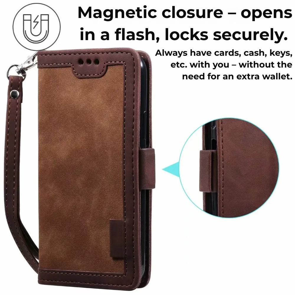 Premium iPhone Case Flip Wallet MagSafe Compatible Genuine Leather Magnetic Closure Card Holder Shockproof Protective Cover Camera Lens Protection Slim Design