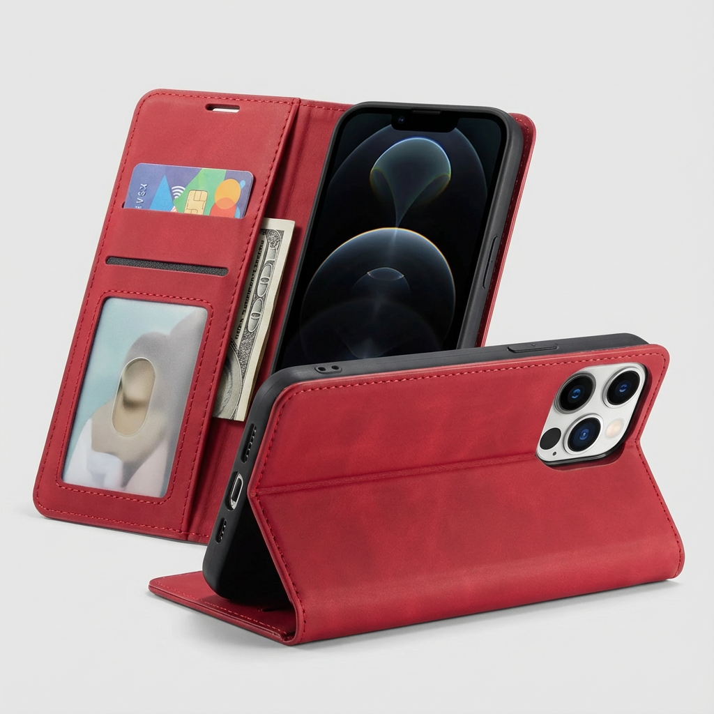Premium iPhone Case Flip Wallet MagSafe Compatible Leather Card Holder Magnetic Closure Shockproof Protective Cover Camera Lens Protection Stand Function