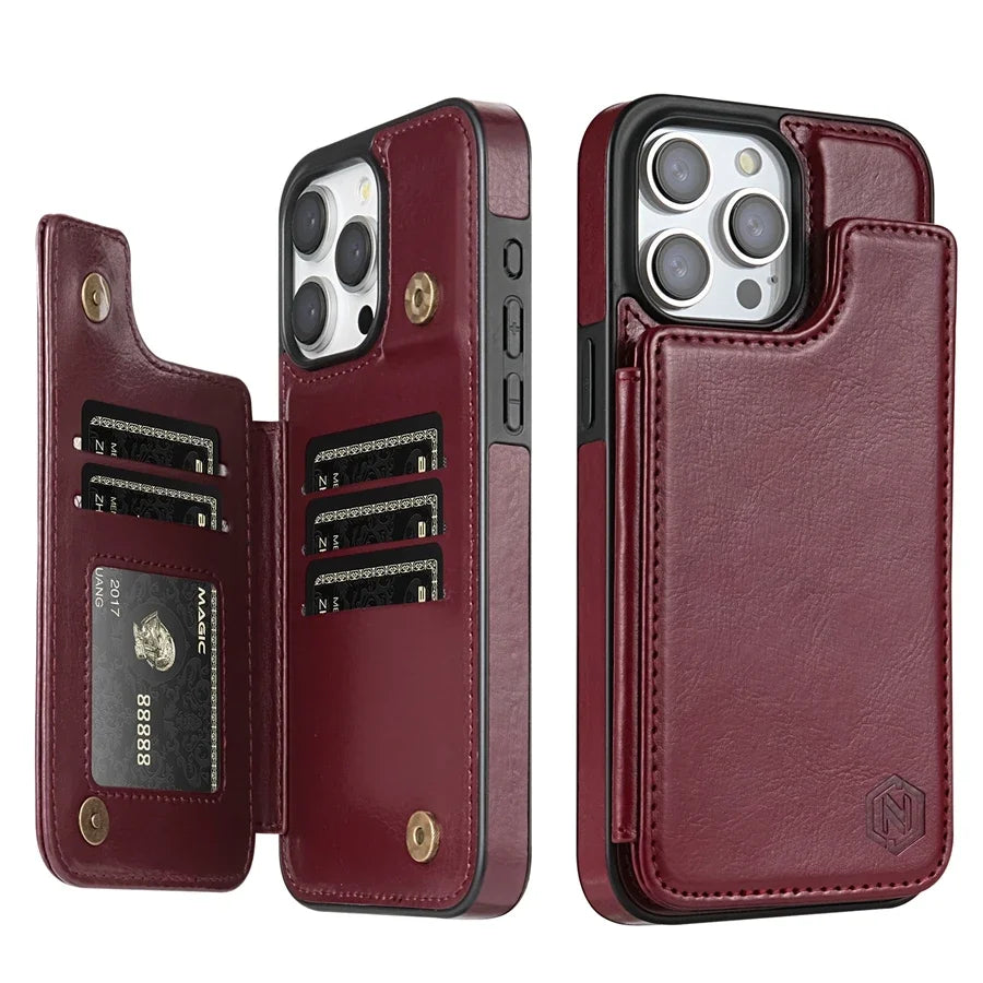 Premium iPhone Case Flip Wallet MagSafe Compatible Leather RFID Blocking Card Holder Magnetic Closure Shockproof Protective Cover Camera Lens Protection Stand Function