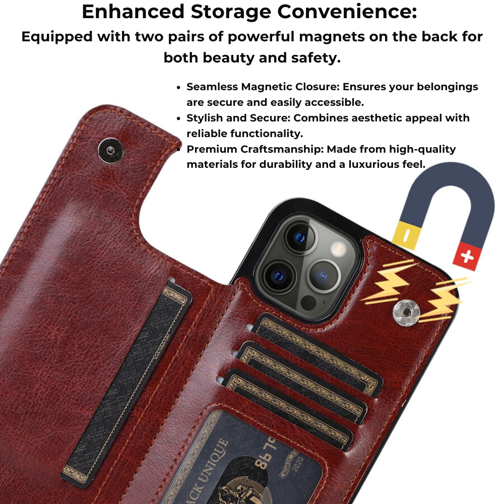 Premium iPhone Case Flip Wallet MagSafe Compatible Leather RFID Blocking Card Holder Magnetic Closure Shockproof Protective Cover Camera Lens Protection Stand Function